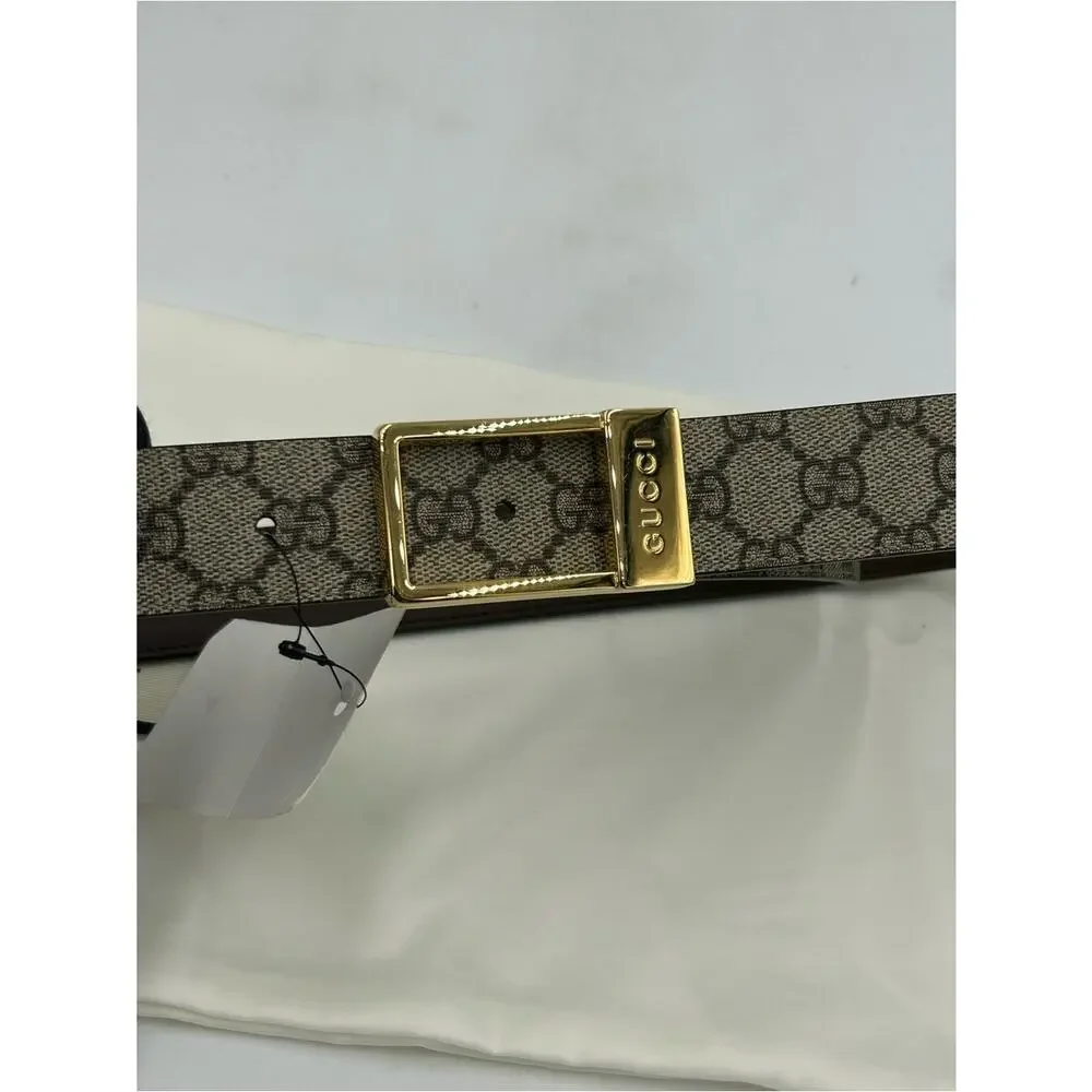 Unisex Gucci Monogram Canvas Belt with Gold engraved Buckle - Beige/Brown 80/32